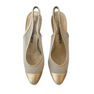 Yves Saint Laurent Metallic Gold and Beige Slingback Mules